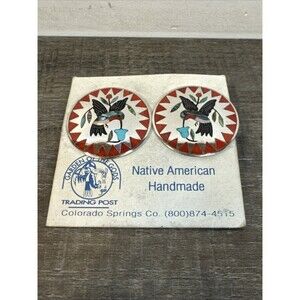 WOW Rare Dennis Nancy Edaakie Zuni Round Turquoise Inlay Hummingbird Earrings